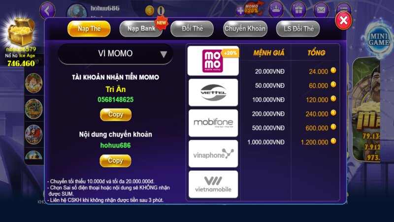 Nạp thẻ trong game của sieunovip vin