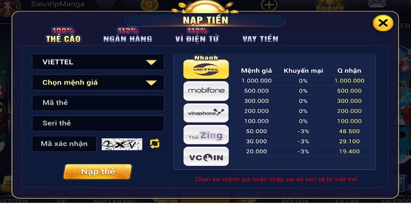 Nạp tiền vào cổng game Thanquay247 Vip dễ dàng