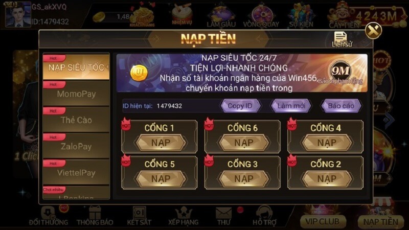 Hướng dẫn cách nạp tiền Win456 com 