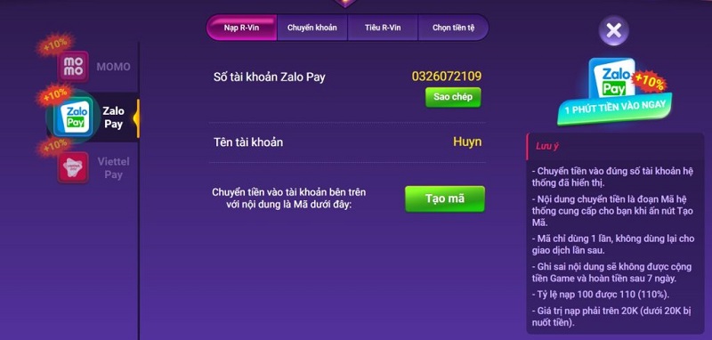 Hướng dẫn các bước chi tiết nạp tiền Nohu39